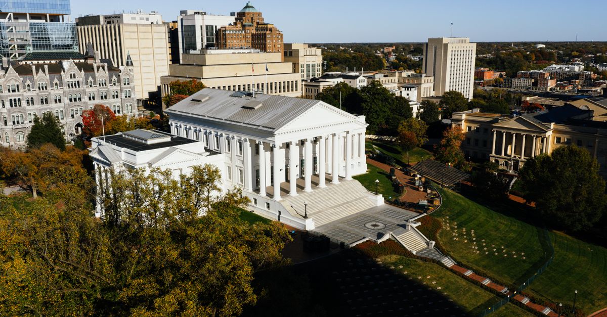 Aerial view of the historic Virginia State Capitol in downtown Richmond, highlighting its architectural significance.